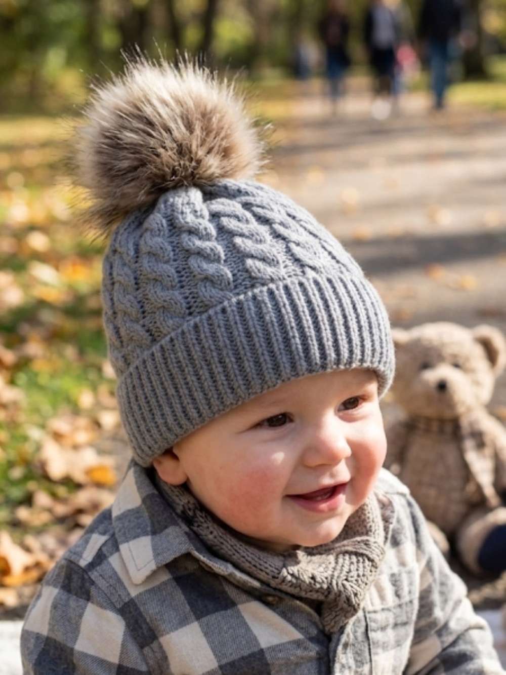 Hat Infant Toddler Knitted Stretch Hat  w/ Faux Fur NWOT 3-18 Months Gray Cable - Picture 11 of 11
